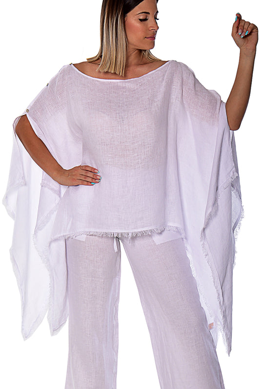 Ladies 100% Linen Poncho with Fringe Loose Fit by AZUCAR White - LLWB2081- 6 PCS/PRE-PACK