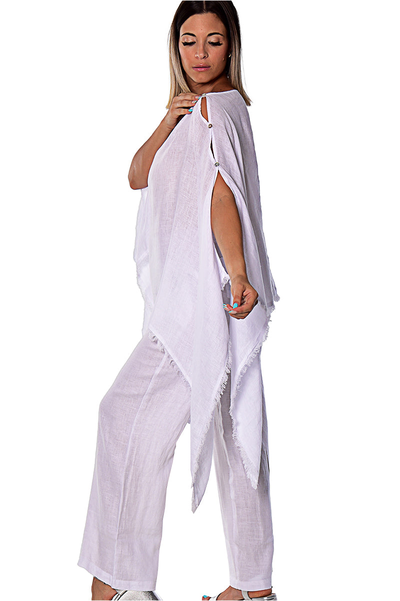 Ladies 100% Linen Poncho with Fringe Loose Fit by AZUCAR White - LLWB2081- 6 PCS/PRE-PACK