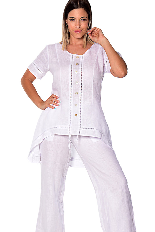 Ladies Linen Short Sleeve Wide Neck Hi-Low Blouse by AZUCAR-WHITE-Color Options - LLWB2083- 6 PCS/PRE-PACK