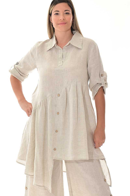 Ladies Linen Top 3/4 Roll-Up Sleeve Asymmetrical -NATURAL-Color Options - LLWB3108 - 6 PCS/PRE-PACK