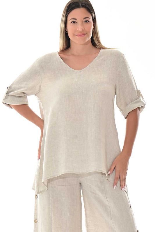 Ladies Linen Roll-Up Sleeve V-Neck Hi-Low Blouse Loose-NATURAL-Color Options- LLWB3109- 6 PCS/PRE-PACK