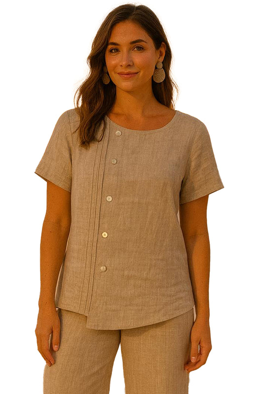 Ladies Linen S/S Button Blouse w/Pleats by AZUCAR-Natural-COLOR OPTIONS - LLWB3326 - 6 PCS/PRE-PACK