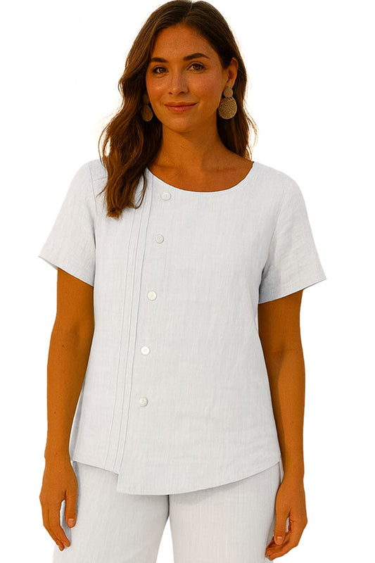 Ladies Linen S/S Button Blouse w/Pleats by AZUCAR-WHITE-COLOR OPTIONS - LLWB3326 - 6 PCS/PRE-PACK
