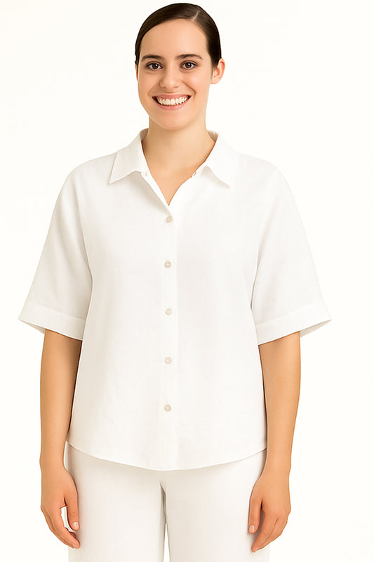 Ladies Linen S/S Button Blouse w/Collar by AZUCAR-White-COLOR OPTIONS - LLWB3730 - 6 PCS/PRE-PACK
