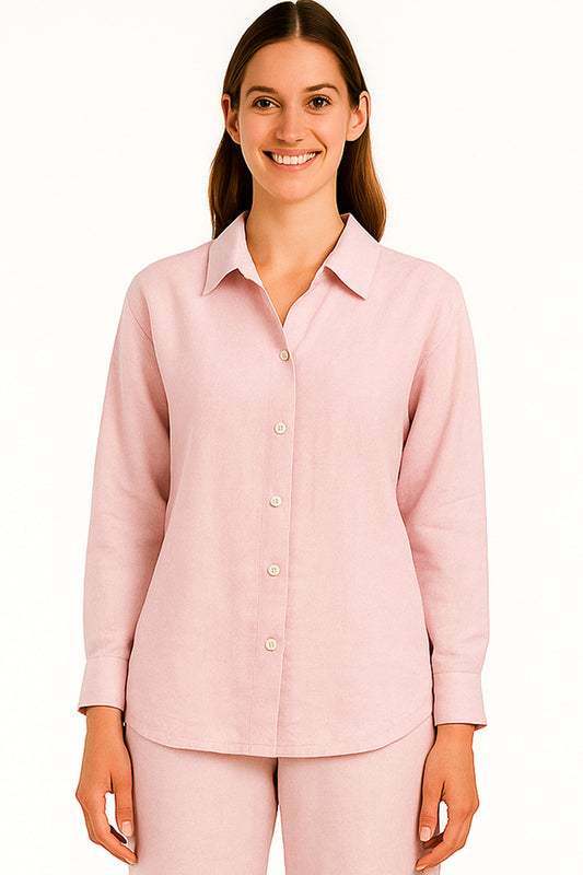 Ladies Linen L/S High-Low Flowy Button Blouse w/Collar by AZUCAR-Pink-COLOR OPTIONS - LLWB3737 - 6 PCS/PRE-PACK