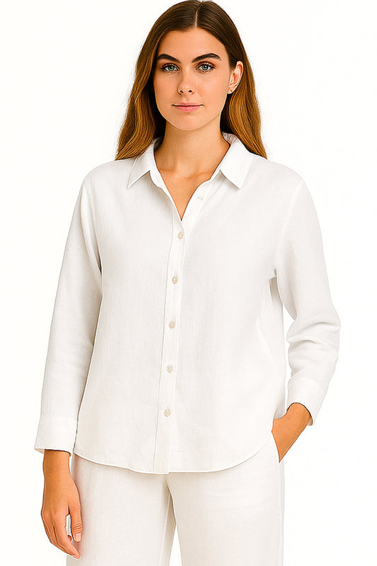 Ladies Linen L/S High-Low Flowy Button Blouse w/Collar by AZUCAR-White-COLOR OPTIONS - LLWB3737 - 6 PCS/PRE-PACK