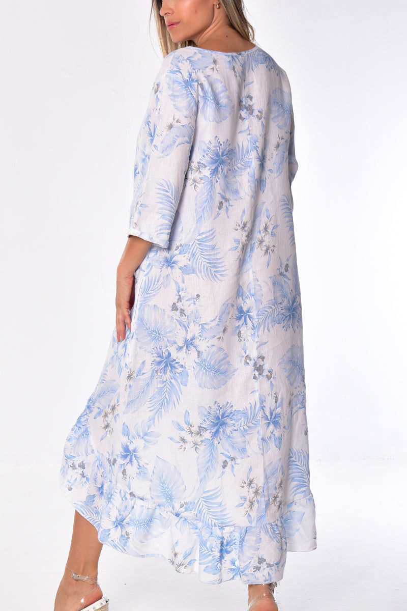 Ladies Linen Dress V-Neck 3/4 Sleeve Ruffled Hem by AZUCAR-WHITE/NAVY FLORAL-LLWD1981 -6 PCS/PRE-PACK