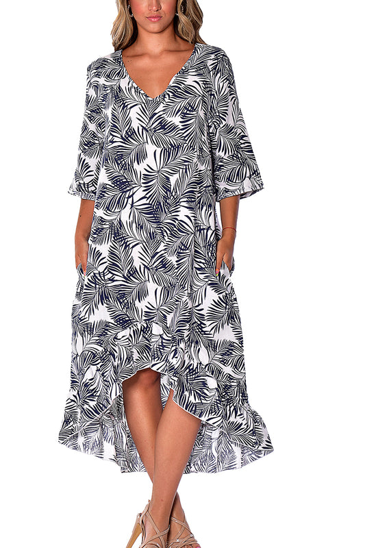 Ladies Linen Dress V-Neck 3/4 Sleeve Ruffled Hem by AZUCAR-WHITE/NAVY FLORAL-LLWD1981 -6 PCS/PRE-PACK