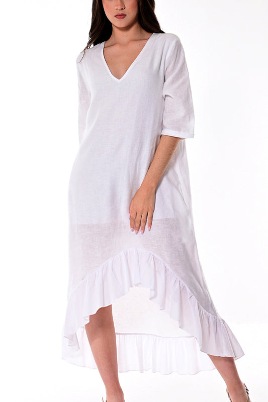 Ladies Linen Dress V-Neck 3/4 Sleeve Ruffled Hem by AZUCAR-WHITE-LLWD1981 -6 PCS/PRE-PACK