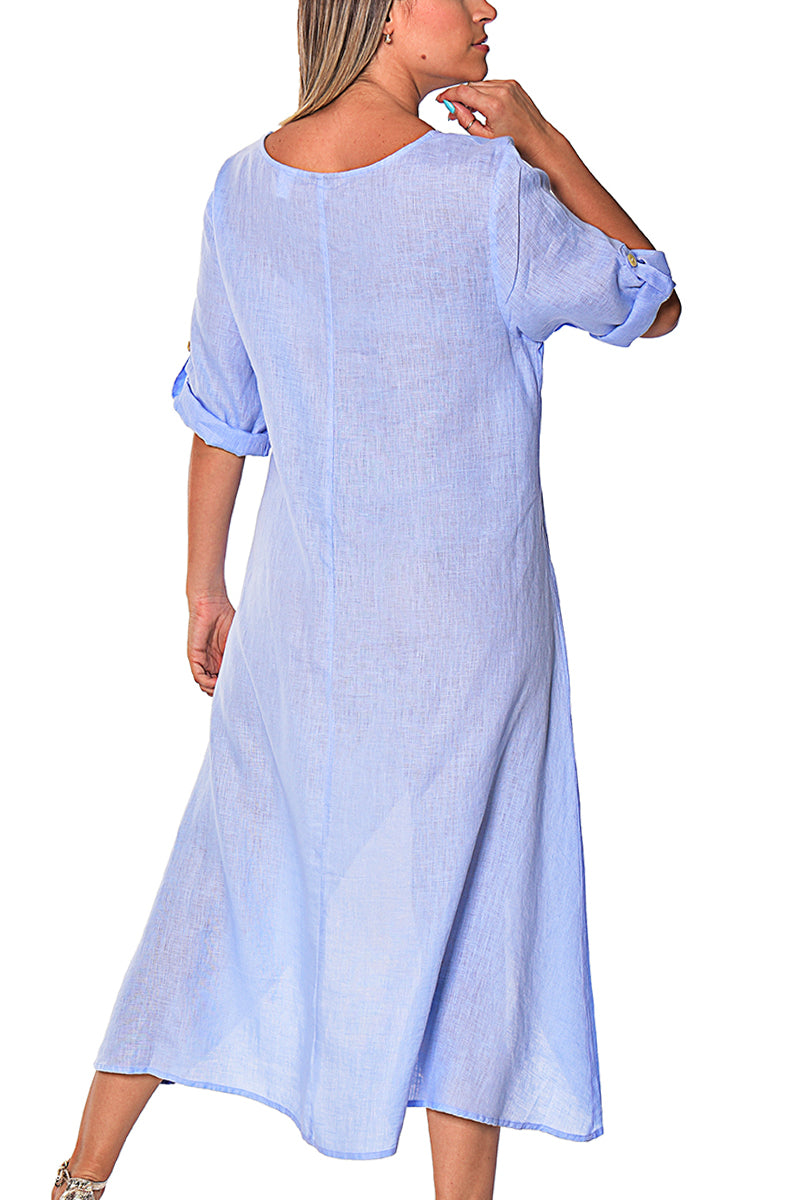 Ladies 100% Linen Kaftan High-Low Roll-Up Sleeve Tunic by AZUCAR-E. BLUE-Color Options - LLWD2079 - 6 PCS/PRE-PACK
