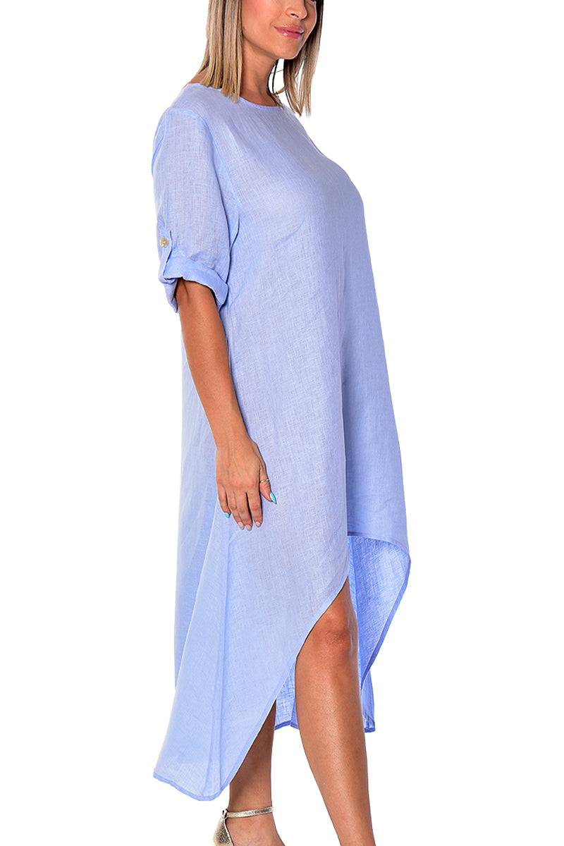 Ladies 100% Linen Kaftan High-Low Roll-Up Sleeve Tunic by AZUCAR-E. BLUE-Color Options - LLWD2079 - 6 PCS/PRE-PACK