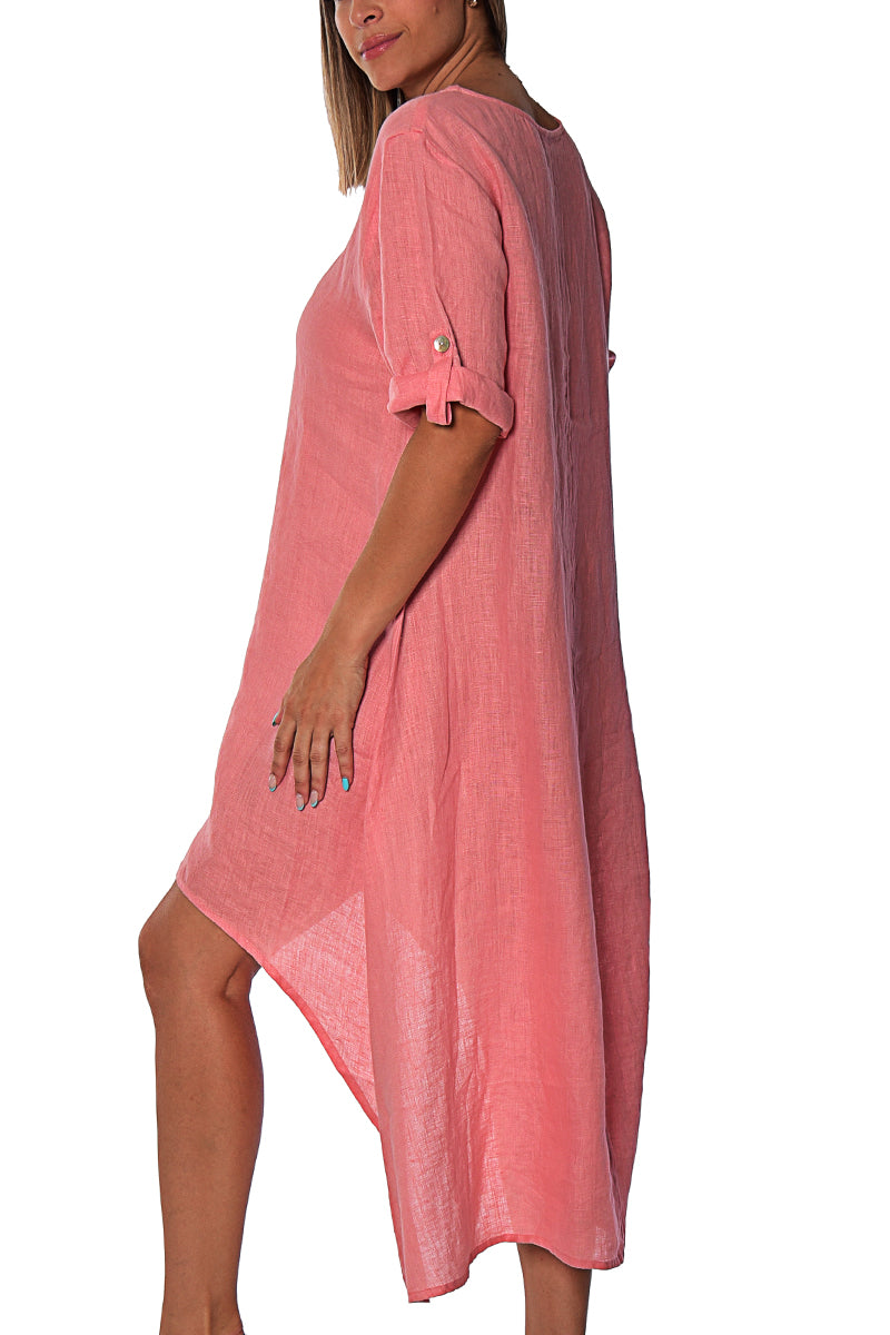 Ladies 100% Linen Kaftan High-Low Roll-Up Sleeve Tunic by AZUCAR-E. BLUE-Color Options - LLWD2079 - 6 PCS/PRE-PACK