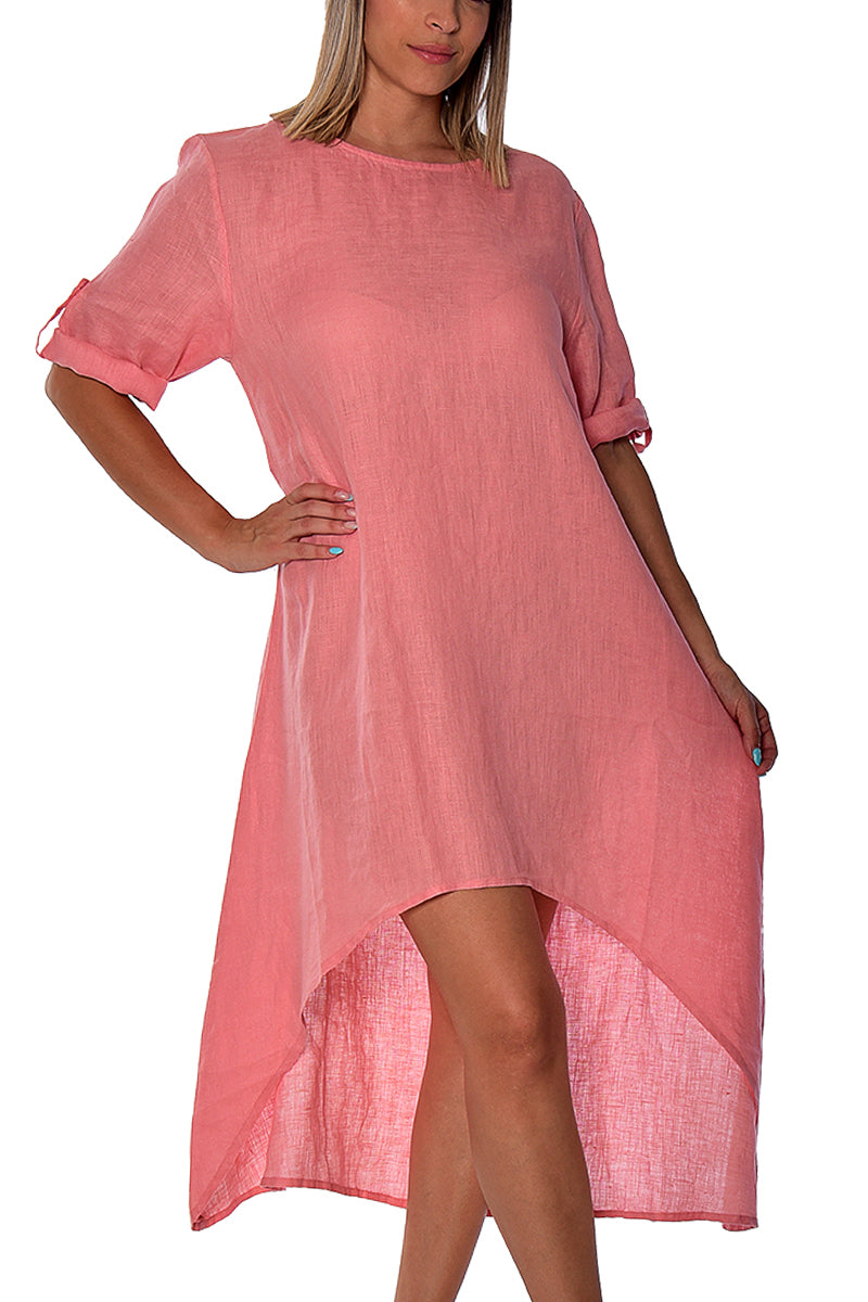 Ladies 100% Linen Kaftan High-Low Roll-Up Sleeve Tunic by AZUCAR-E. BLUE-Color Options - LLWD2079 - 6 PCS/PRE-PACK