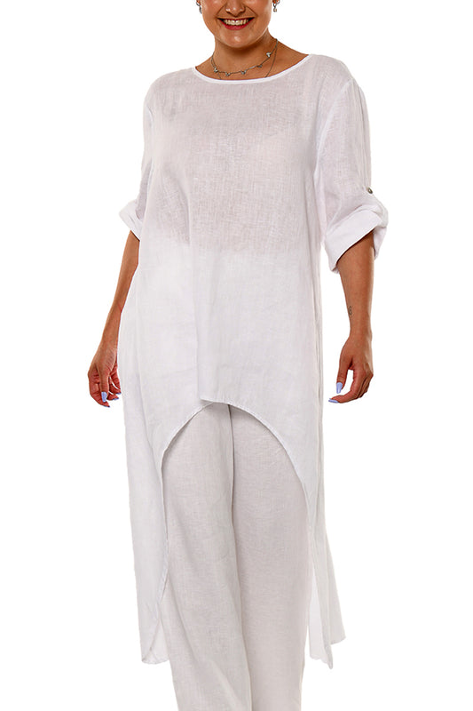 Ladies 100% Linen Kaftan High-Low Roll-Up Sleeve Tunic by AZUCAR-WHITE-Color Options - LLWD2079 - 6 PCS/PRE-PACK