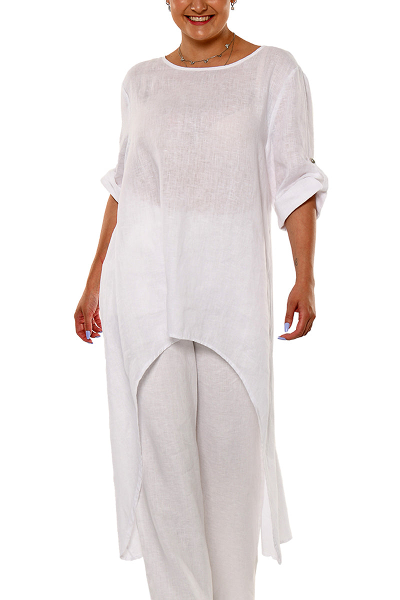 Ladies 100% Linen Kaftan High-Low Roll-Up Sleeve Tunic by AZUCAR-E. BLUE-Color Options - LLWD2079 - 6 PCS/PRE-PACK
