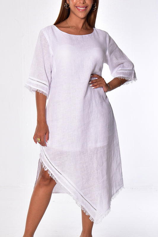 Ladies Linen Handkerchief Hem Dress w/Fringe 3/4 SLV by AZUCAR - WHITE - Color Options - LLWD2084 - 6 PCS/PRE-PACK