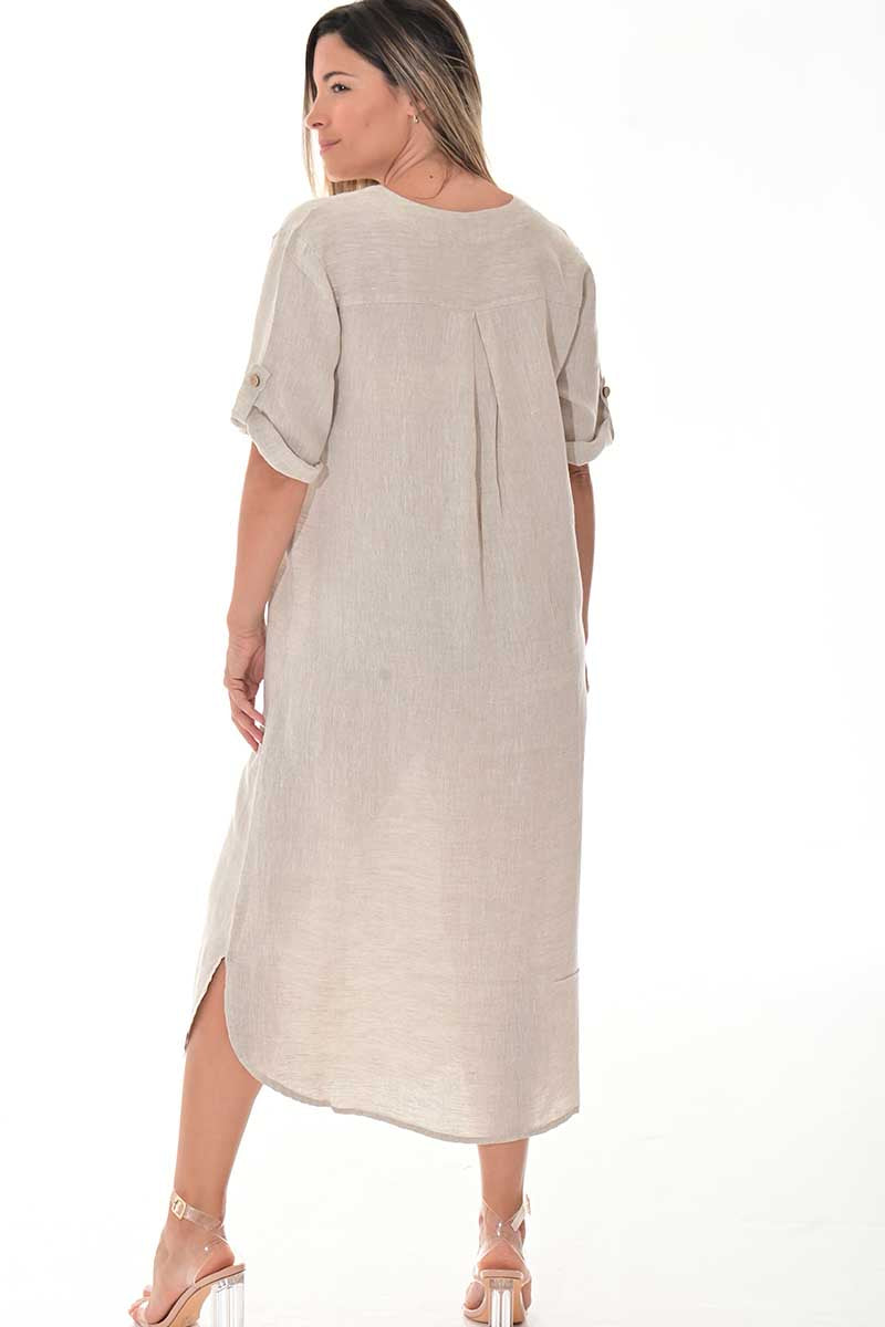 Ladies Linen Button Down Dress Roll-Up Sleeve-WHITE - LLWD3105- 6 PCS/PRE-PACK