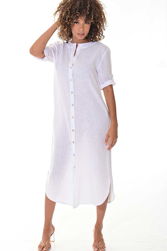 Ladies Linen Button Down Dress Roll-Up Sleeve-WHITE - LLWD3105- 6 PCS/PRE-PACK