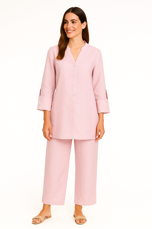 Ladies Linen Mandarin Collar Short Dress 3/4 Sleeve by AZUCAR-Pink-COLOR OPTIONS - LLWD3733 - 6 PCS/PRE-PACK