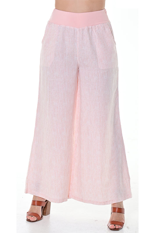 Ladies Linen Wide Leg Pants Loose Fit by Azucar - WHITE/PEACH - Color Options- LLWP113S - 6 PCS/PRE-PACK