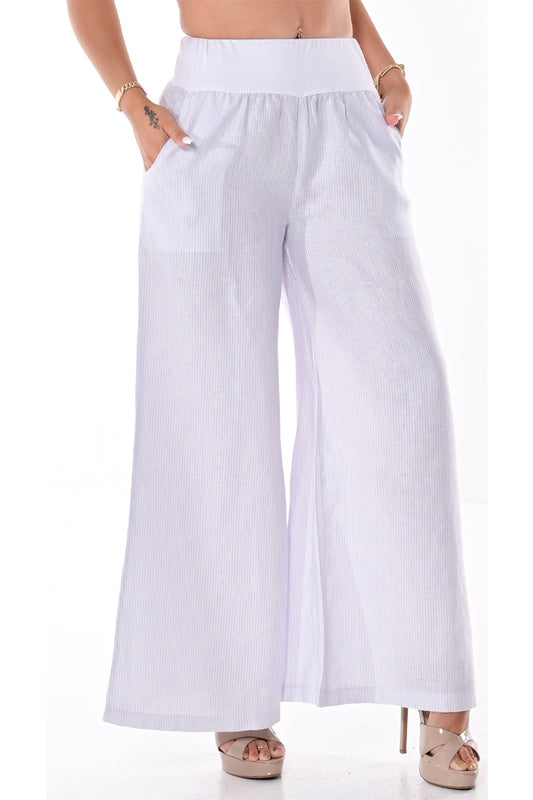 Ladies Linen Wide Leg Pants Loose Fit by Azucar - WHITE/LT. BLUE - Color Options- LLWP113S - 6 PCS/PRE-PACK