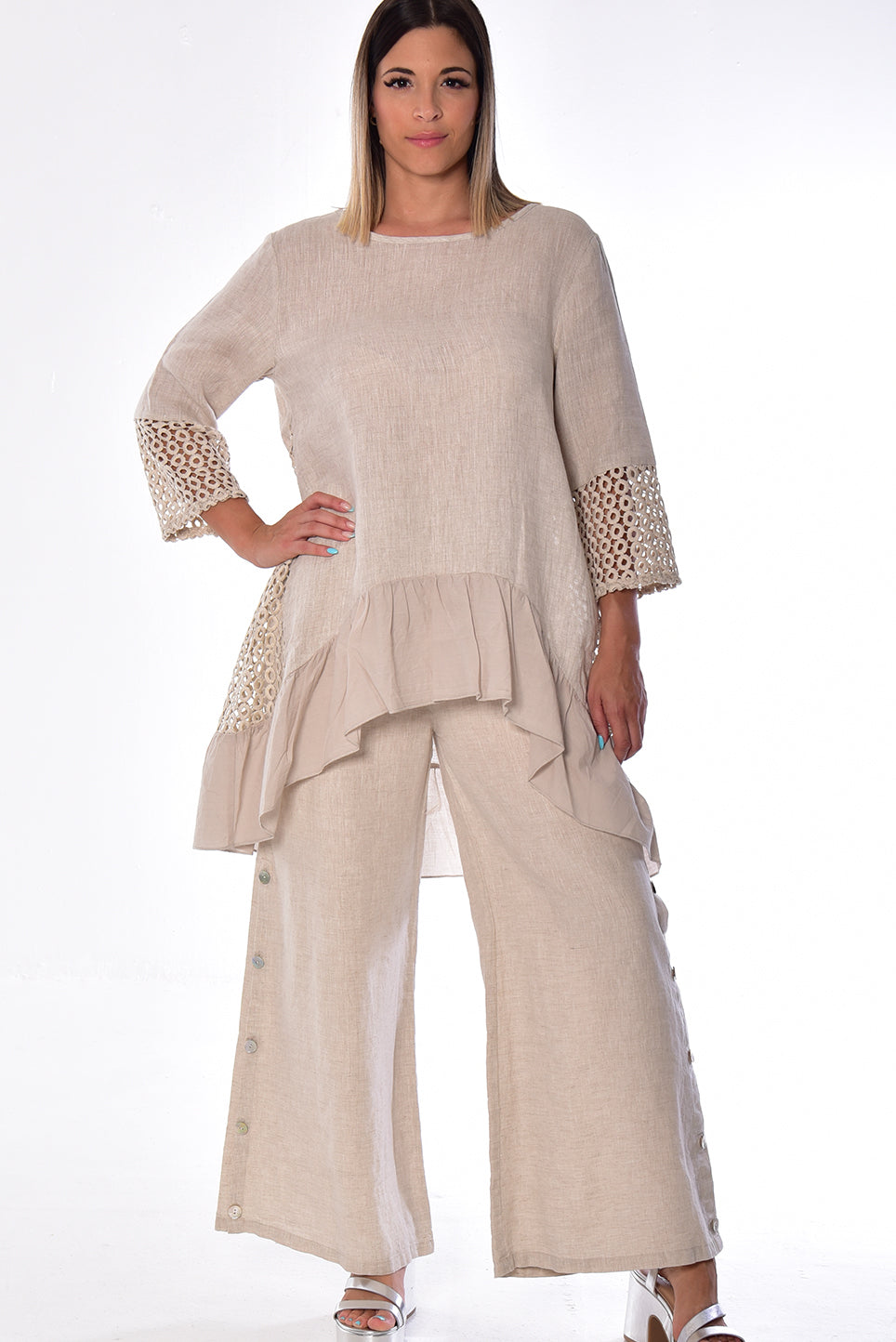 Ladies Linen 3/4 Sleeve V-Neck Hi-Low Blouse by AZUCAR-NATURAL-COLOR OPTIONS - LLWT2085- 6 PCS/PRE-PACK