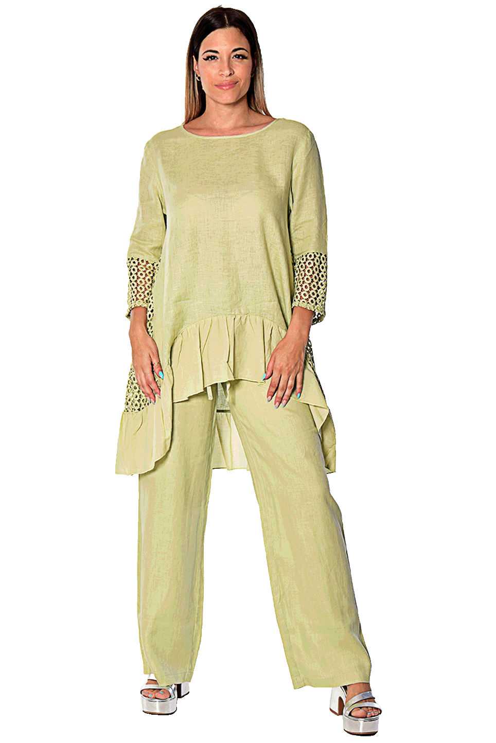 Ladies Linen 3/4 Sleeve V-Neck Hi-Low Blouse by AZUCAR-NATURAL-COLOR OPTIONS - LLWT2085- 6 PCS/PRE-PACK