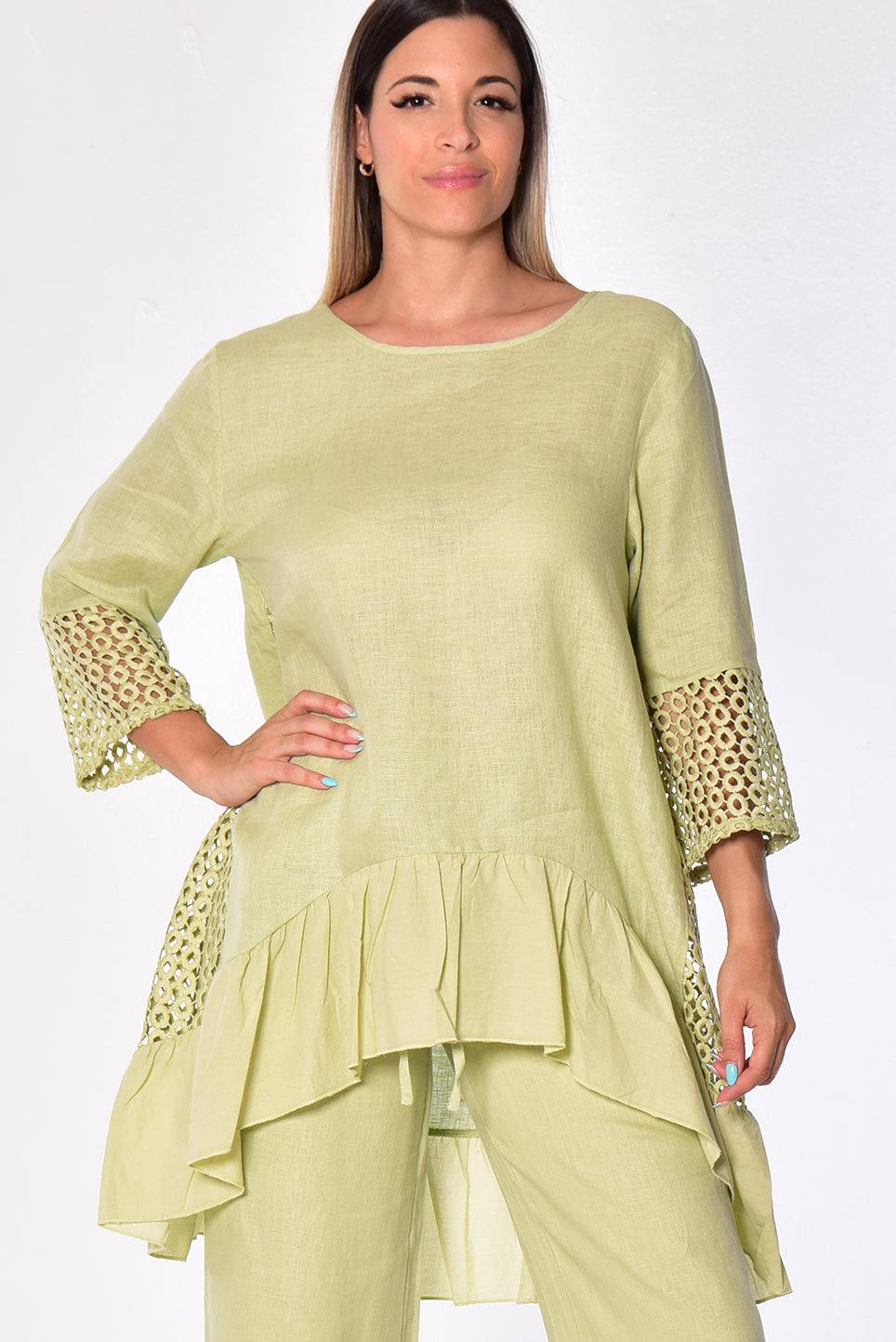Ladies Linen 3/4 Sleeve V-Neck Hi-Low Blouse by AZUCAR-NATURAL-COLOR OPTIONS - LLWT2085- 6 PCS/PRE-PACK