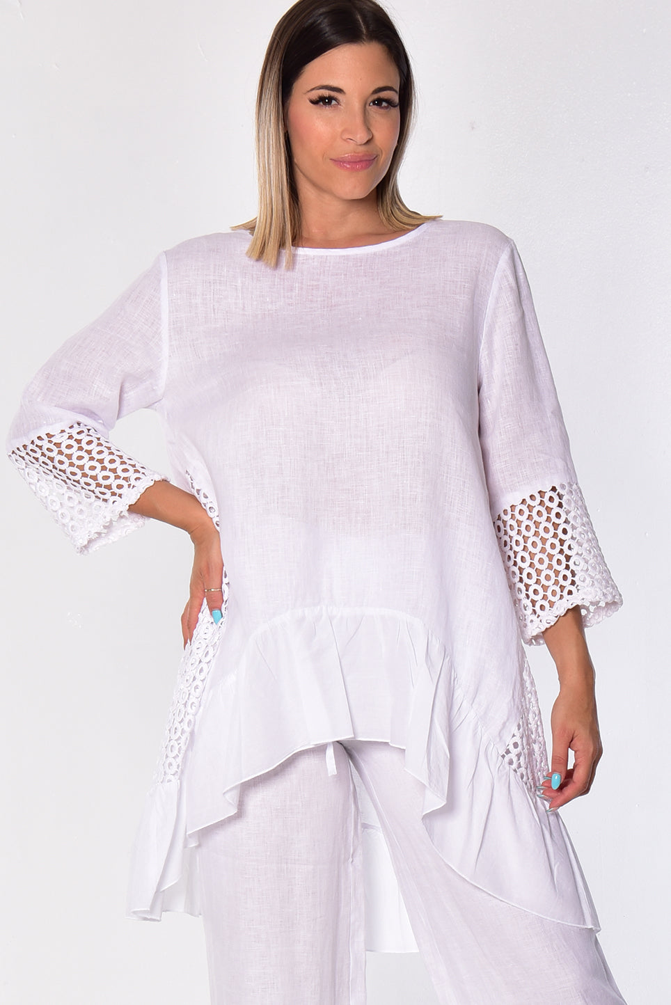 Ladies Linen 3/4 Sleeve V-Neck Hi-Low Blouse by AZUCAR-NATURAL-COLOR OPTIONS - LLWT2085- 6 PCS/PRE-PACK