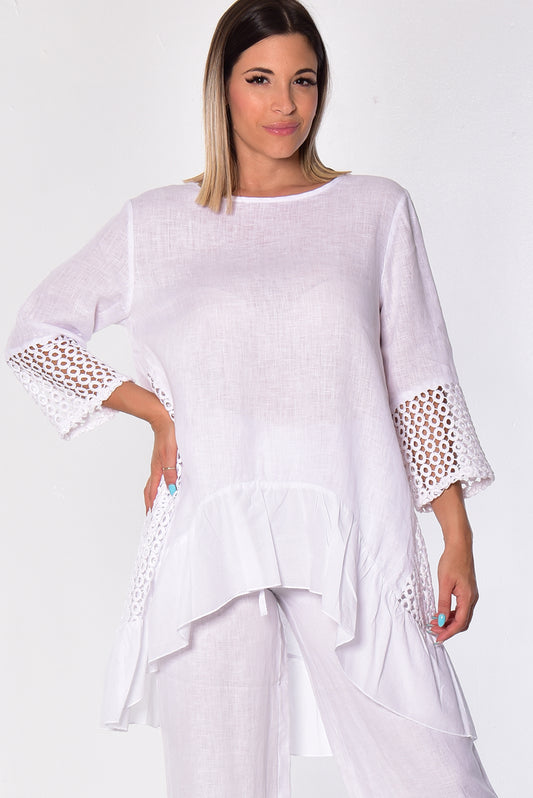 Ladies Linen 3/4 Sleeve V-Neck Hi-Low Blouse by AZUCAR-WHITE-COLOR OPTIONS - LLWT2085- 6 PCS/PRE-PACK