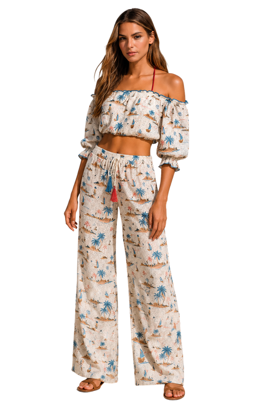 Conjunto de pantalón para mujer, blusa playera sin hombros, veleros de Azucar - LMST3607 - 6 PIEZAS/PAQUETE
