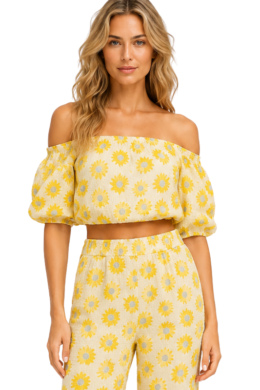 Conjunto de pantalón para mujer, blusa playera sin hombros "Sun Flowers" de Azucar - LMST3611 - 6 PIEZAS/PAQUETE