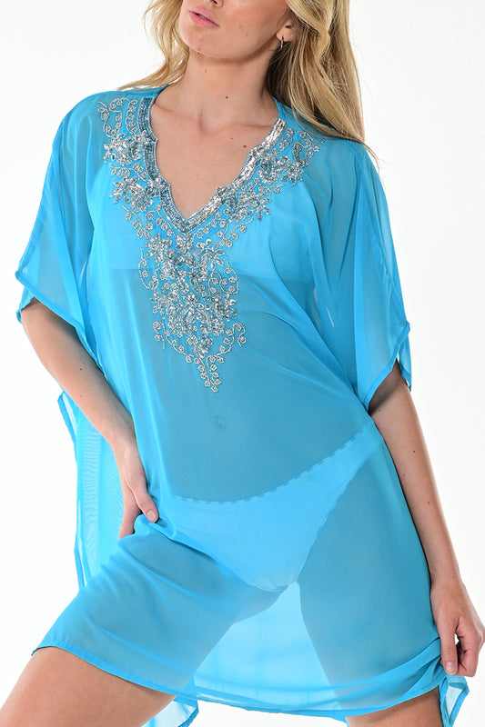 Women's Shear Chiffon Beach Cover-up w/Scalloped V-neck by AZUCAR -LT. BLUE -Color Options - LPT1733 - 6 PCS/PRE-PACK