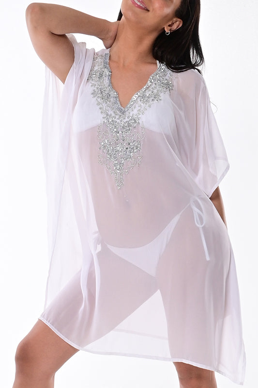 Women's Shear Chiffon Beach Cover-up w/Scalloped V-neck by AZUCAR - WHITE -Color Options - LPT1733 - 6 PCS/PRE-PACK