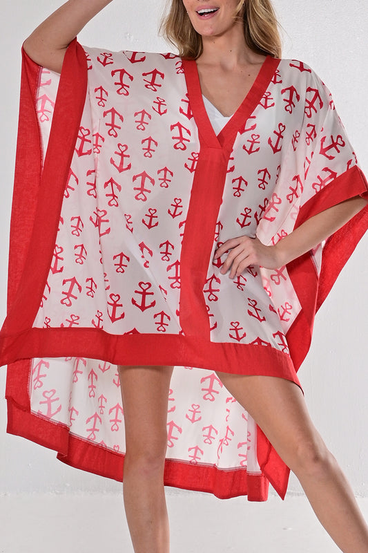 Women's Sheer Swim Cover-Up Nautical Anchors Square by AZUCAR-WHITE/RED-Color Options - LPT1747 - 6 PCS/PRE-PACK
