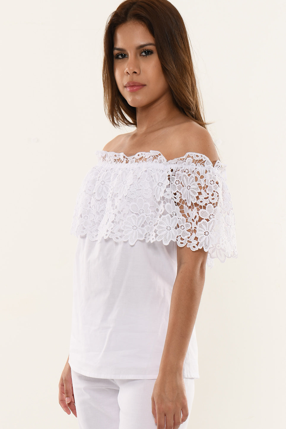 Ladies Off-The-Shoulder Top w/Lace White by Azucar - LRPB347 - 6 PCS/PRE-PACK
