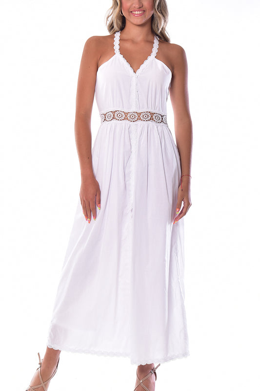 Ladies Sleeveless V-Neck Long Dress Lace Detail By Azucar -WHITE- LRPD1579 - 6 PCS/PRE-PACK