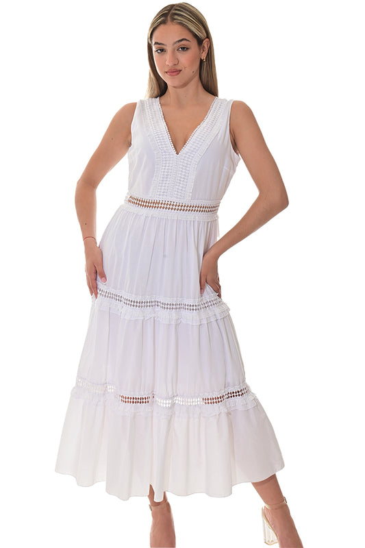 Ladies Sleeveless V-Neck Long Dress Crochet Lace Detail White by AZUCAR - LRPD950 - 6 PCS/PRE-PACK