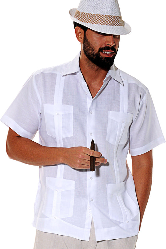 Men Short Sleeve Guayabera Linen 4 Pocket  Traditional - WHITE - Color Options - LS499