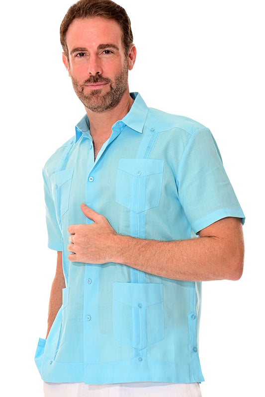 Men Short Sleeve Guayabera Linen 4 Pocket Traditional-AQUA-Color Options-LS499 - 6 PCS/PRE-PACK