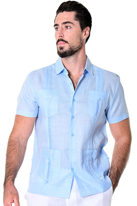 Men Short Sleeve Guayabera Linen 4 Pocket Traditional-LT.BLUE-Color Options-LS499 - 6 PCS/PRE-PACK