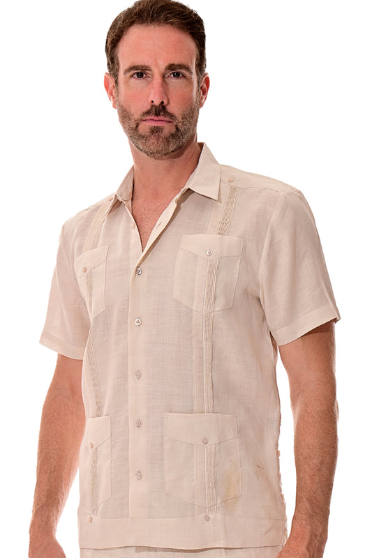 Men Short Sleeve Guayabera Linen 4 Pocket Traditional-NATURAL-Color Options-LS499 - 6 PCS/PRE-PACK