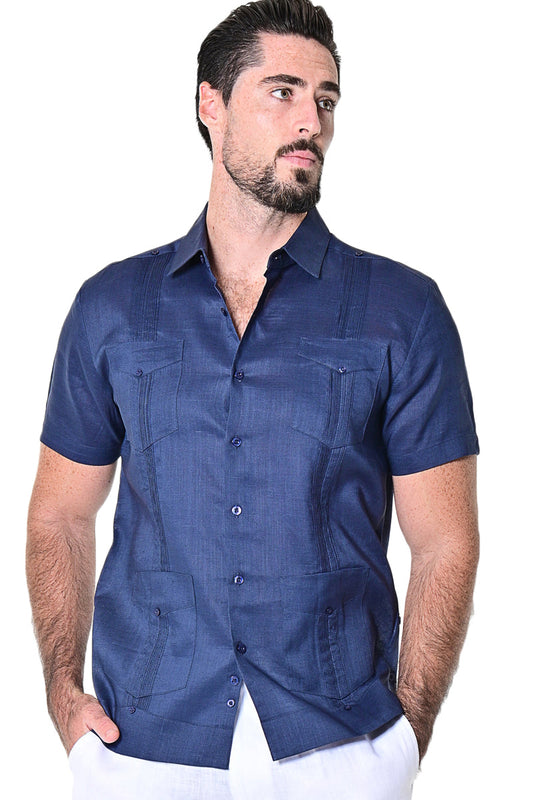 Men Short Sleeve Guayabera Linen 4 Pocket Traditional-NAVY-Color Options-LS499 - 6 PCS/PRE-PACK