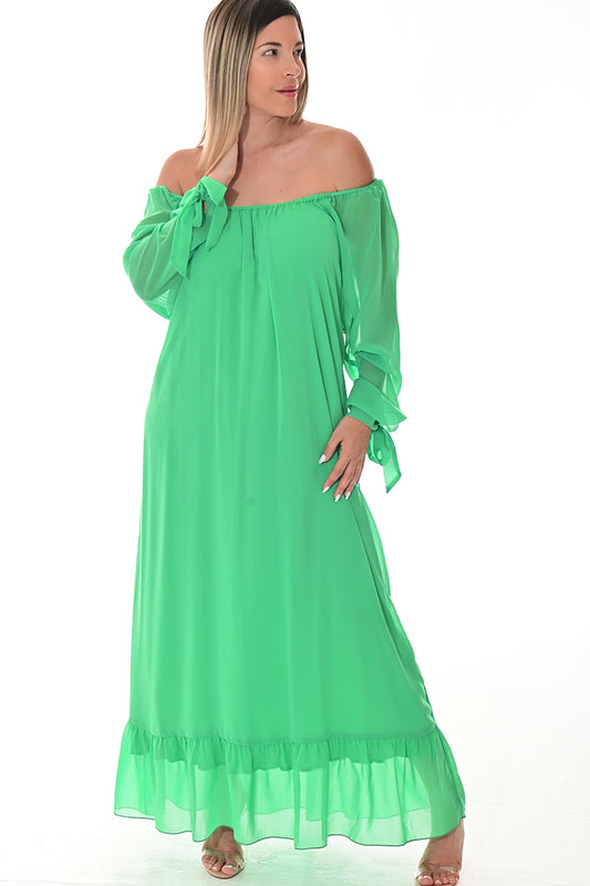 Ladies Off-the-Shoulder Silky Loose Maxi-GREEN-Color Options-LSD420 - 6 PCS/PRE-PACK