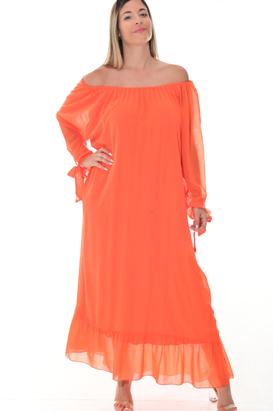 Ladies Off-the-Shoulder Silky Loose Maxi-ORANGE-Color Options-LSD420 - 6 PCS/PRE-PACK