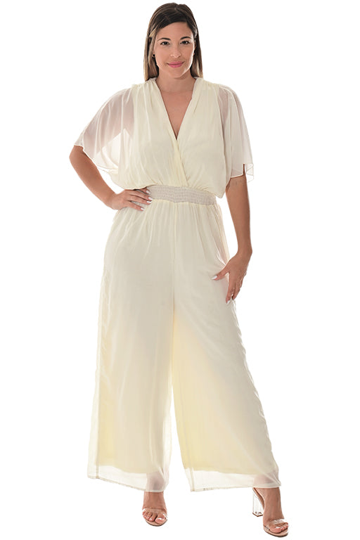 Ladies Jumpsuit Deep V-Neck Loose Dolman Sleeve-IVORY-Color Options-LSJ415 - 6 PCS/PRE-PACK