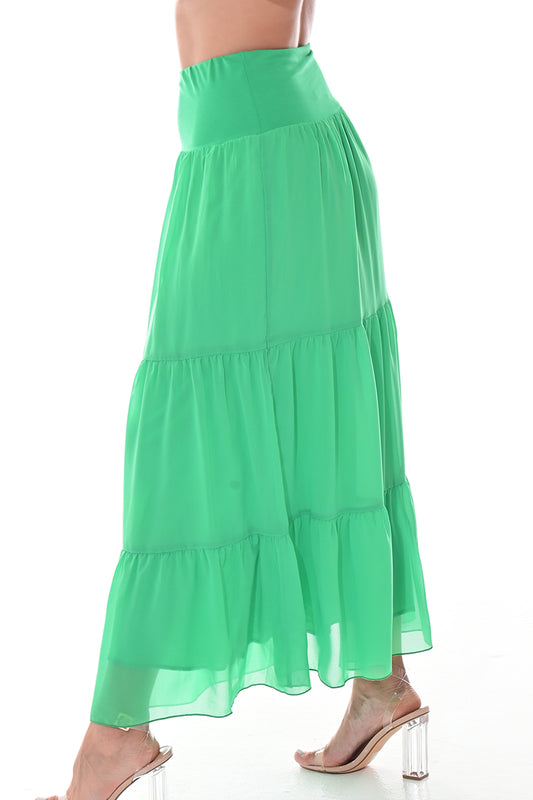 Ladies Boho A-Line Long Maxi Skirts Tiered Broom Style-GREEN-COLOR OPTIONS-LSK413 - 6 PCS/PRE-PACK