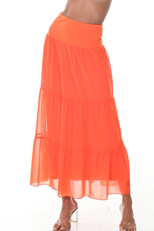 Ladies Boho A-Line Long Maxi Skirts Tiered Broom Style-ORANGE-COLOR OPTIONS-LSK413 - 6 PCS/PRE-PACK