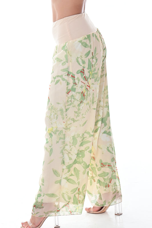 Ladies Boho Palazzo Pants Wide Leg High Waist-GREEN FLORAL-Colors Options-LSP402 - 6 PCS/PRE-PACK