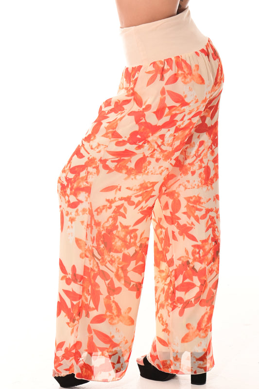 Ladies Boho Palazzo Pants Wide Leg High Waist-ORANGE FLORAL-Colors Options-LSP402 - 6 PCS/PRE-PACK